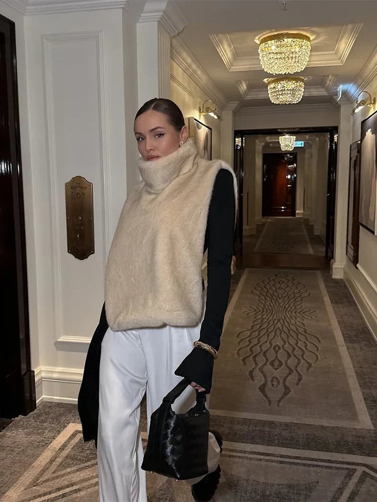 Nepbont gilet - Dames mouwloos coltrui nepbont vest-Boetiek Moda