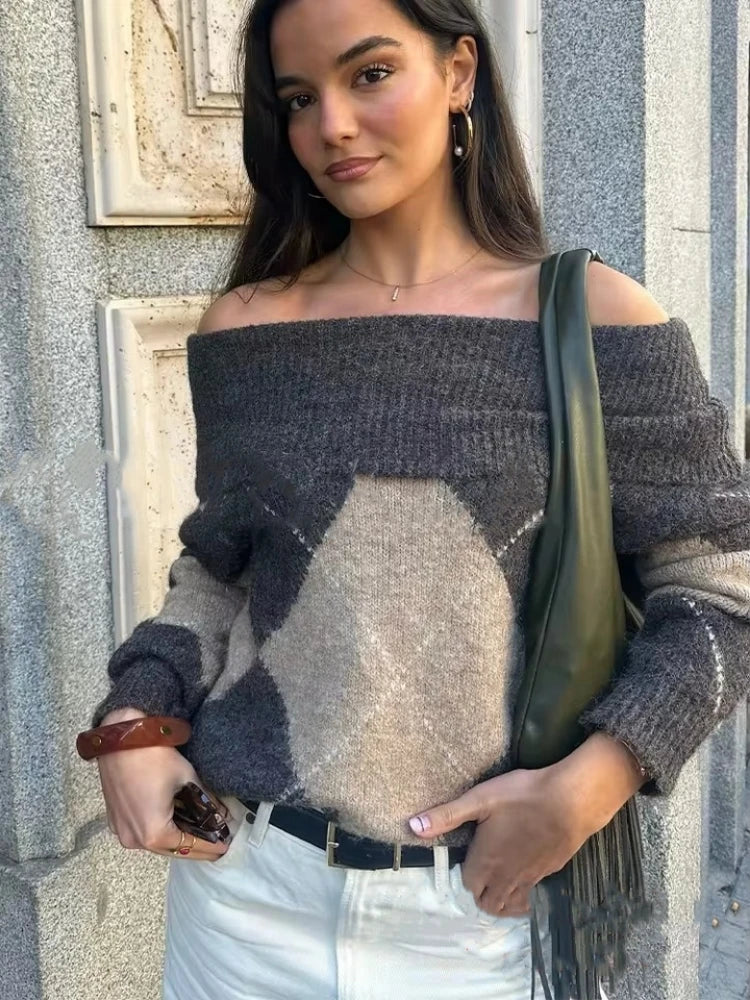 Off-Shoulder Trui - Gebreide trui met Argyle patroon voor dames-Boetiek Moda