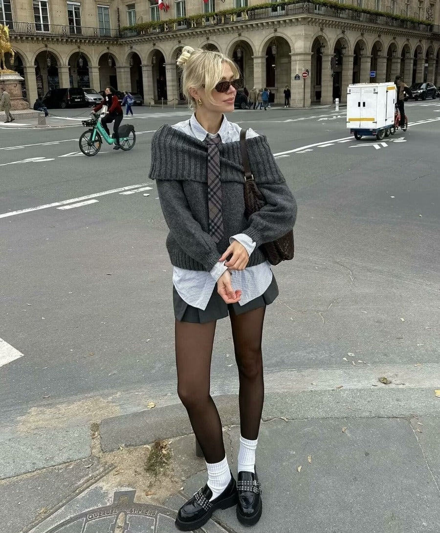 Off-shoulder trui - Grijs - Losse pasvorm - Gebreide trui - Damesbreigoed-Boetiek Moda