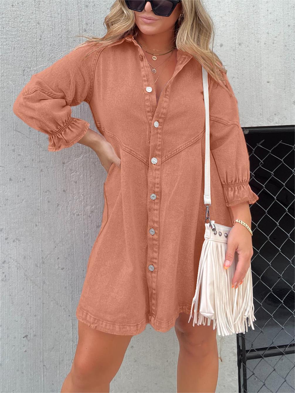 Overhemdjurk | Button-Up | Lange Mouwen | Denim Jurk | Mini Jurk-Boetiek Moda
