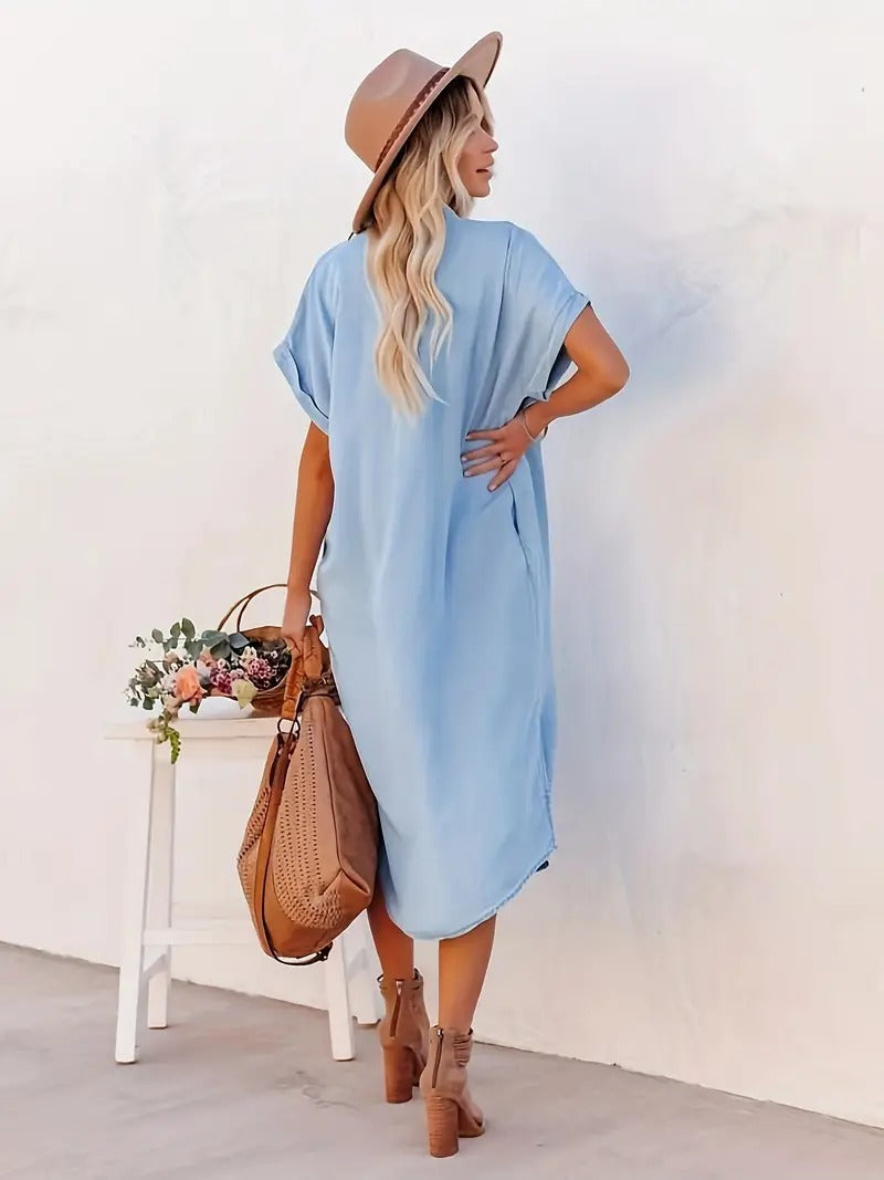 Overhemdjurk - Denim - Los model - Button-Up Jurk - Midi Jurk-Boetiek Moda
