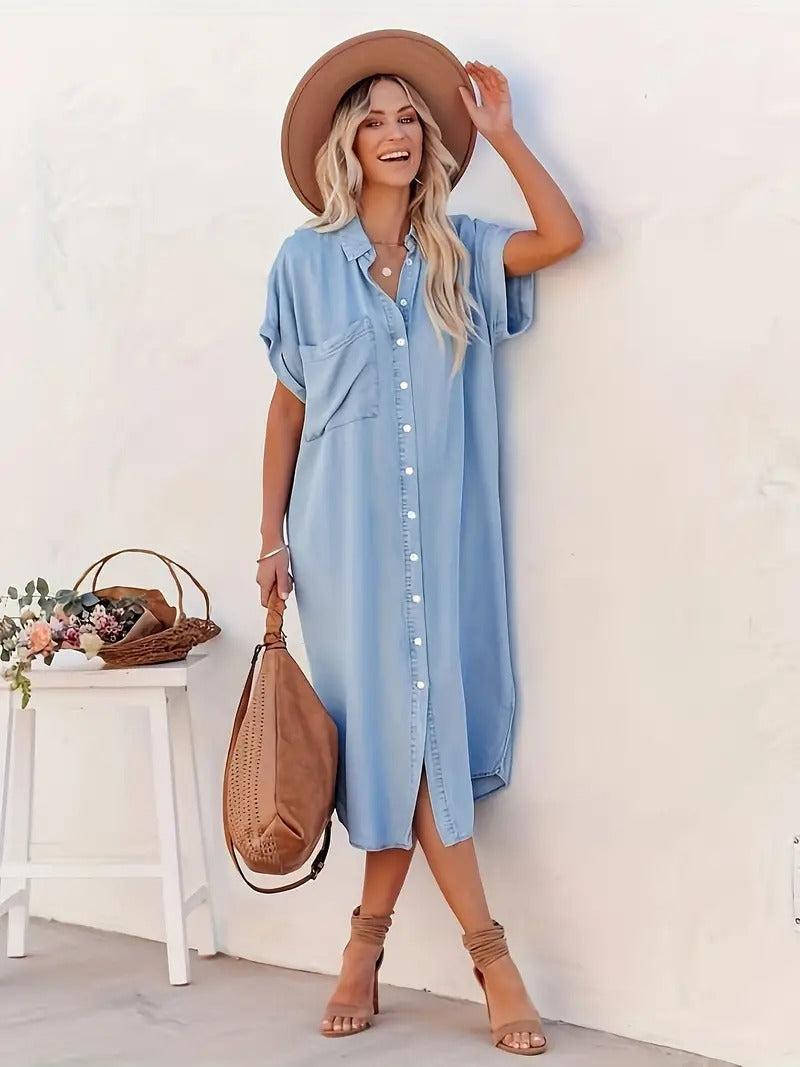 Overhemdjurk - Denim - Los model - Button-Up Jurk - Midi Jurk-Boetiek Moda