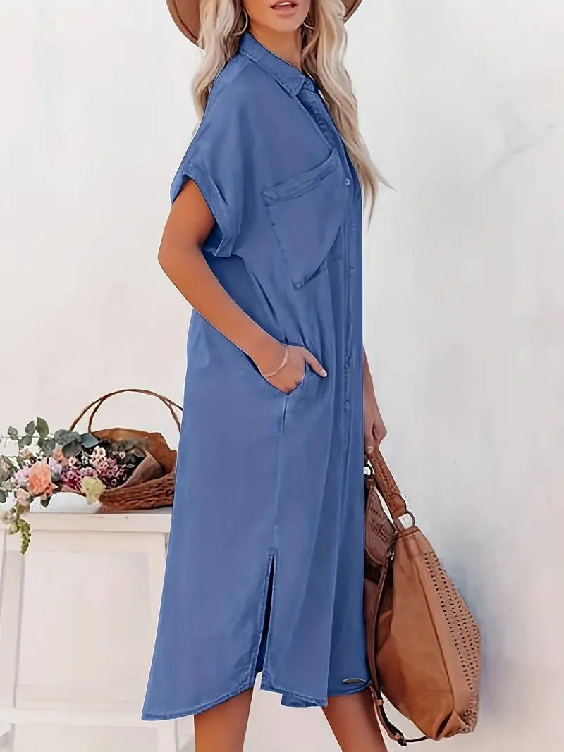 Overhemdjurk - Denim - Los model - Button-Up Jurk - Midi Jurk-Boetiek Moda