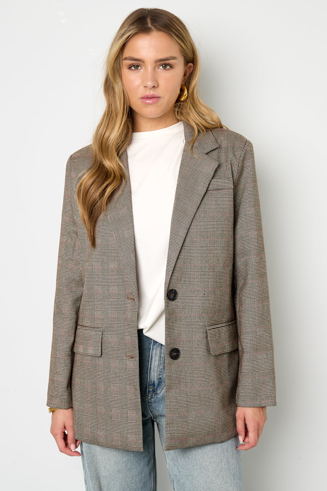 Oversized Blazer - Losvallende damesblazer met enkele rij knopen en ruitmotief-Boetiek Moda
