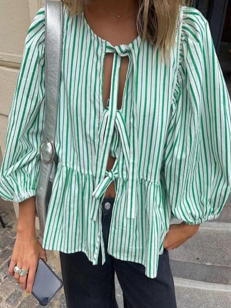 Oversized Blouse - Damesblouse met losse bandjes aan de voorkant en pofmouwen-Boetiek Moda