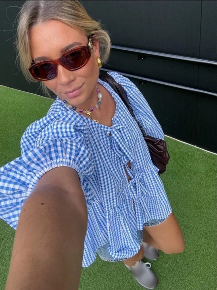 Oversized Blouse - Damesblouse met losse bandjes aan de voorkant en pofmouwen-Boetiek Moda