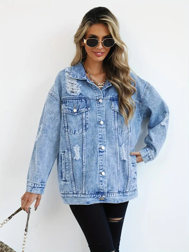 Oversized Denim Jas - Gescheurd - Los model - Denim Jas - Damesjas-Boetiek Moda