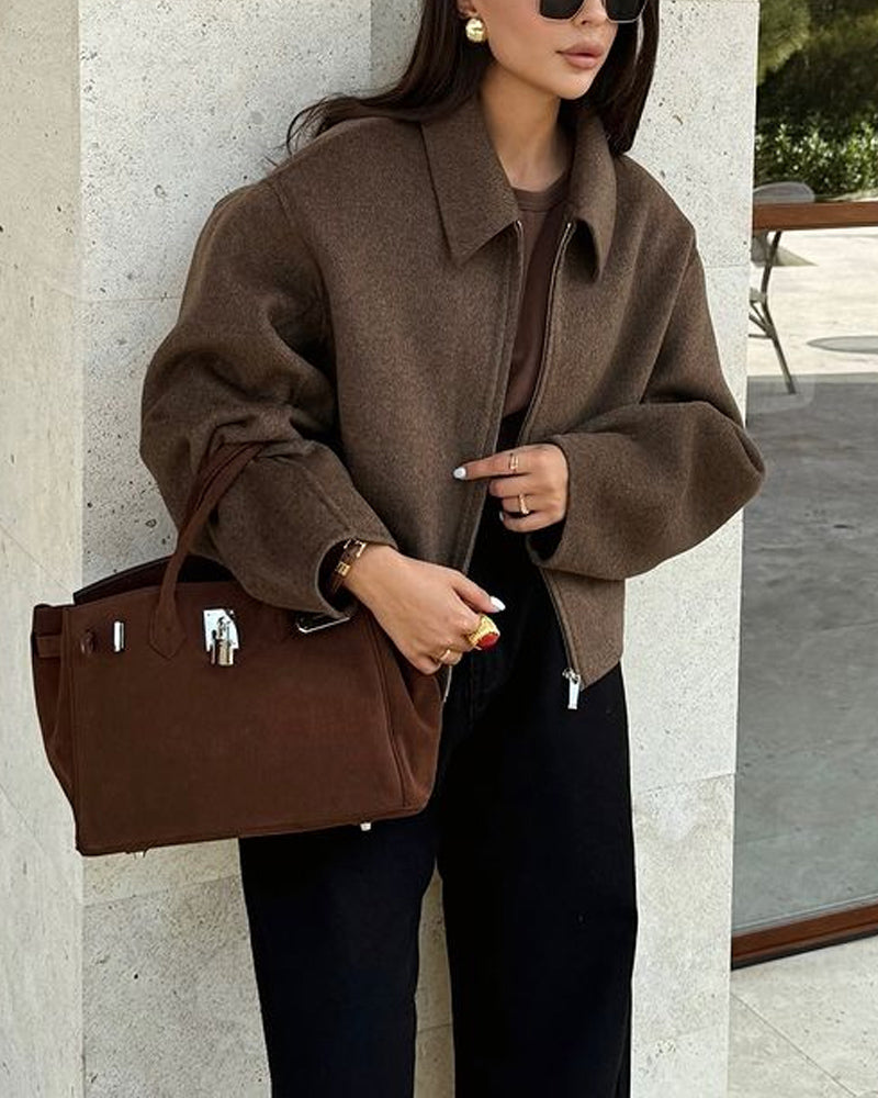 Oversized Jas - Bruine herfstjas met rits voor dames-Boetiek Moda