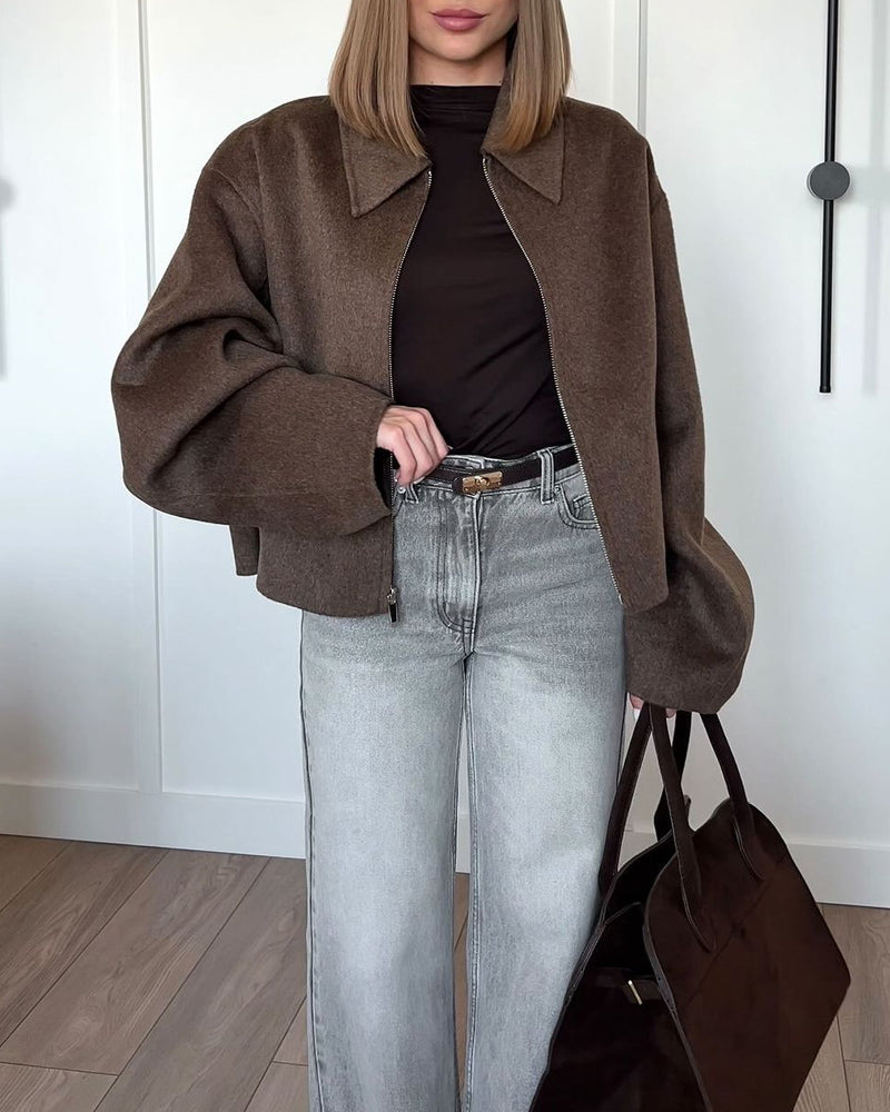 Oversized Jas - Bruine herfstjas met rits voor dames-Boetiek Moda
