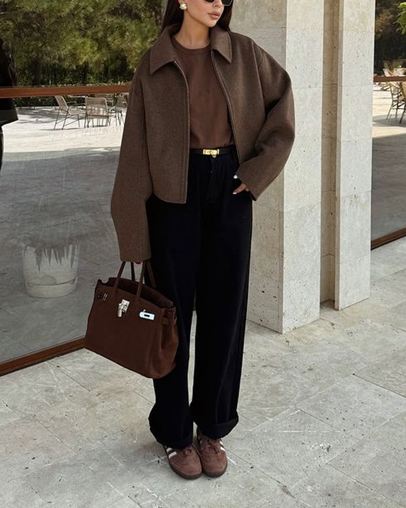 Oversized Jas - Bruine herfstjas met rits voor dames-Boetiek Moda