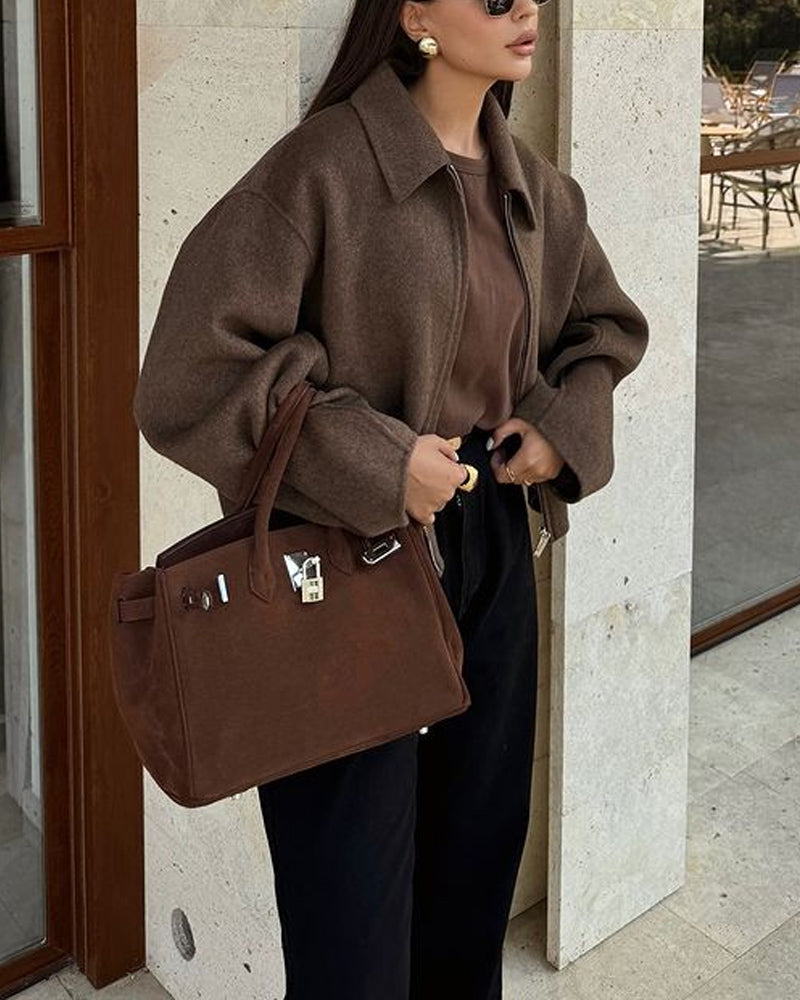 Oversized Jas - Bruine herfstjas met rits voor dames-Boetiek Moda