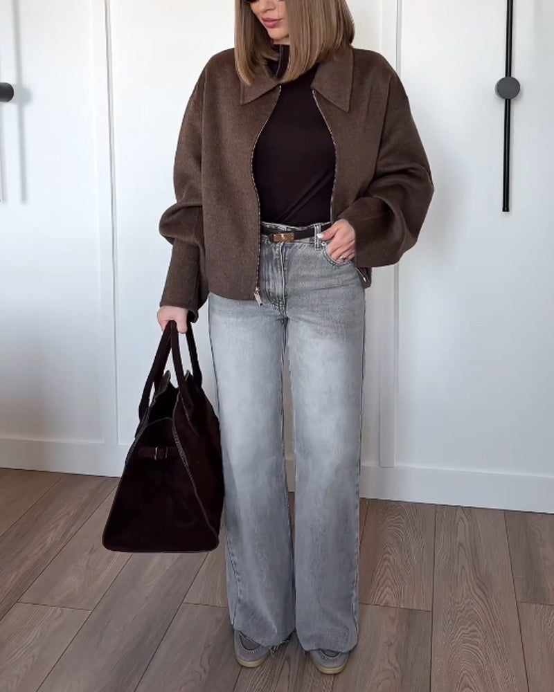 Oversized Jas - Bruine herfstjas met rits voor dames-Boetiek Moda