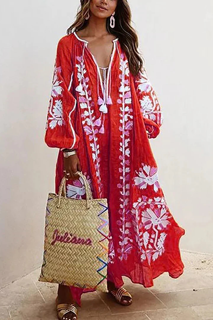 Oversized Jurk | V-Hals | Lange Mouwen | Boho Jurk | Maxi Jurk-Boetiek Moda