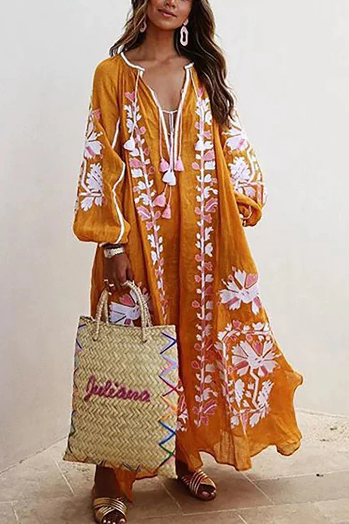 Oversized Jurk | V-Hals | Lange Mouwen | Boho Jurk | Maxi Jurk-Boetiek Moda