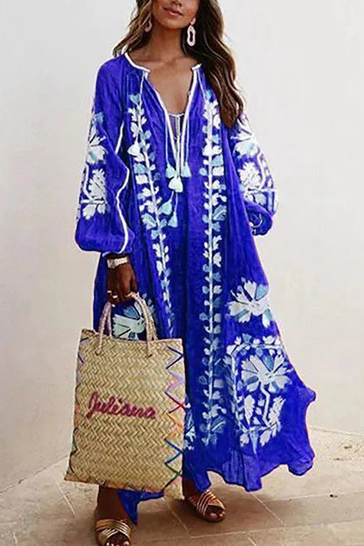 Oversized Jurk | V-Hals | Lange Mouwen | Boho Jurk | Maxi Jurk-Boetiek Moda