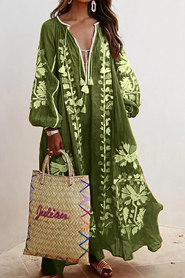 Oversized Jurk | V-Hals | Lange Mouwen | Boho Jurk | Maxi Jurk-Boetiek Moda