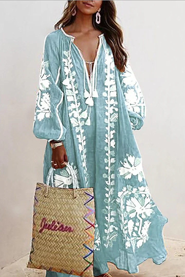Oversized Jurk | V-Hals | Lange Mouwen | Boho Jurk | Maxi Jurk-Boetiek Moda