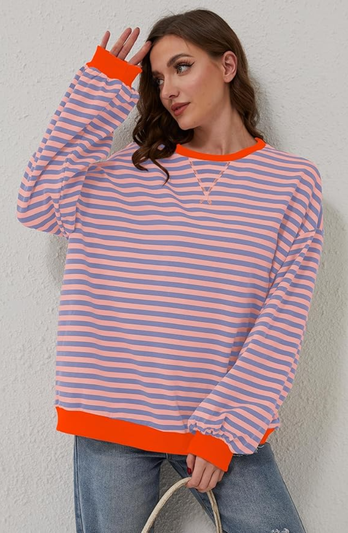Oversized Sweater - Gestreept oversized shirt met lange mouwen voor dames-Boetiek Moda