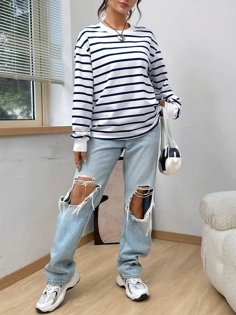 Oversized Sweatshirt - Gestreept - Ronde Hals - Oversized Pullover - Dameskleding-Boetiek Moda