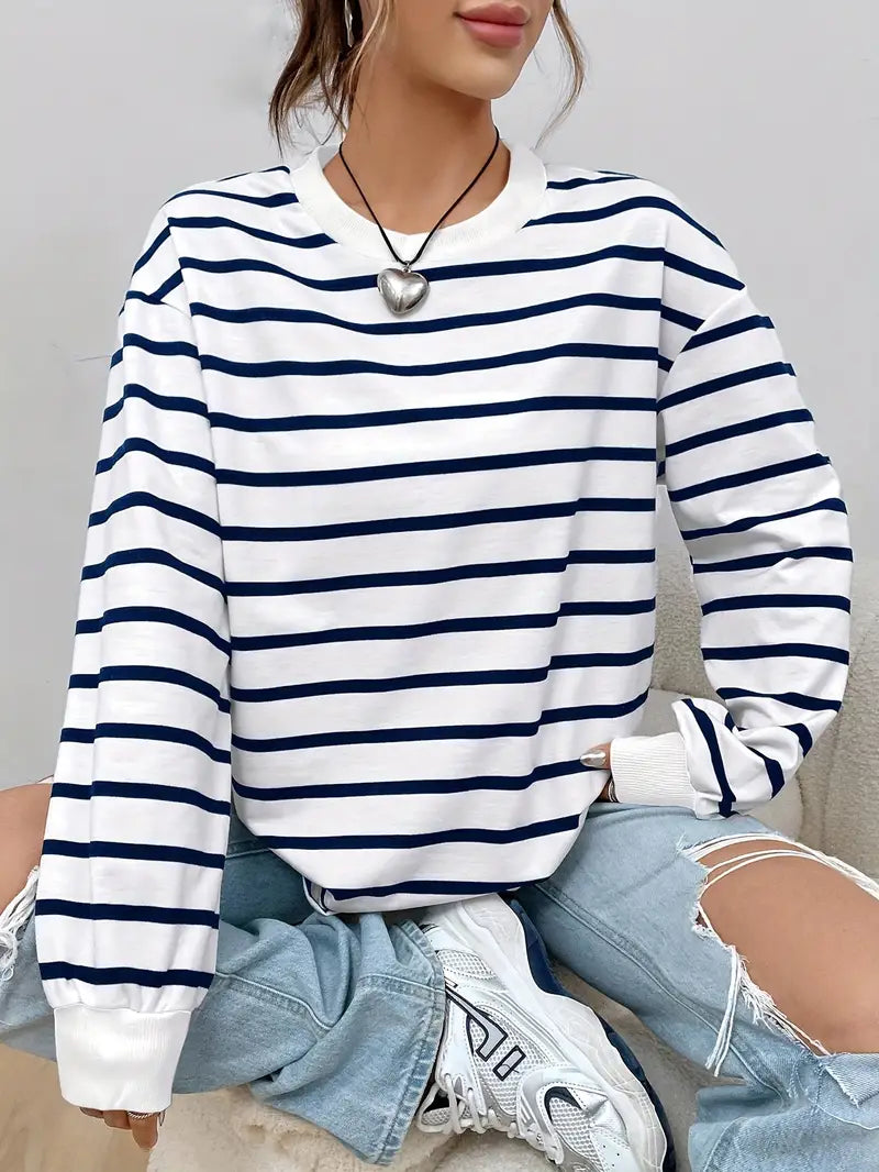 Oversized Sweatshirt - Gestreept - Ronde Hals - Oversized Pullover - Dameskleding-Boetiek Moda