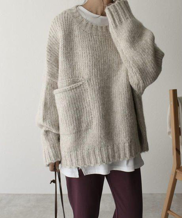 Oversized Trui - Lichtgrijze Loose Fit Grofgebreide Trui voor dames-Boetiek Moda