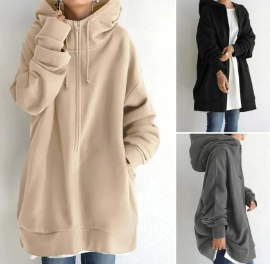 Oversized hoodie - Losvallende hoodie met lange ritssluiting voor dames-Boetiek Moda