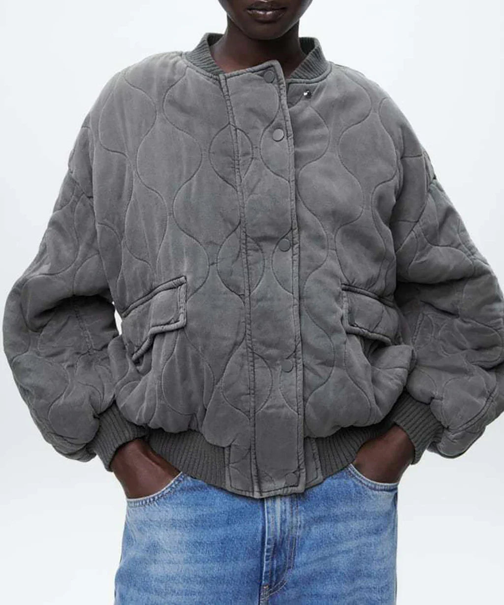 Oversized jas - Grijs - Gewatteerd - Bomberjack - Damesjas-Boetiek Moda