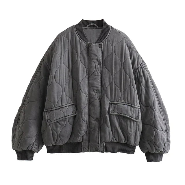 Oversized jas - Grijs - Gewatteerd - Bomberjack - Damesjas-Boetiek Moda