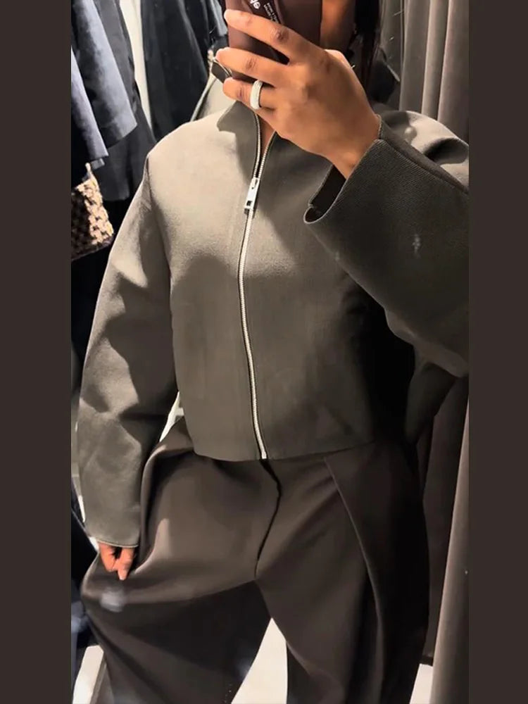 Oversized jas - Groen - Ritssluiting - Kort model - Damesjas-Boetiek Moda