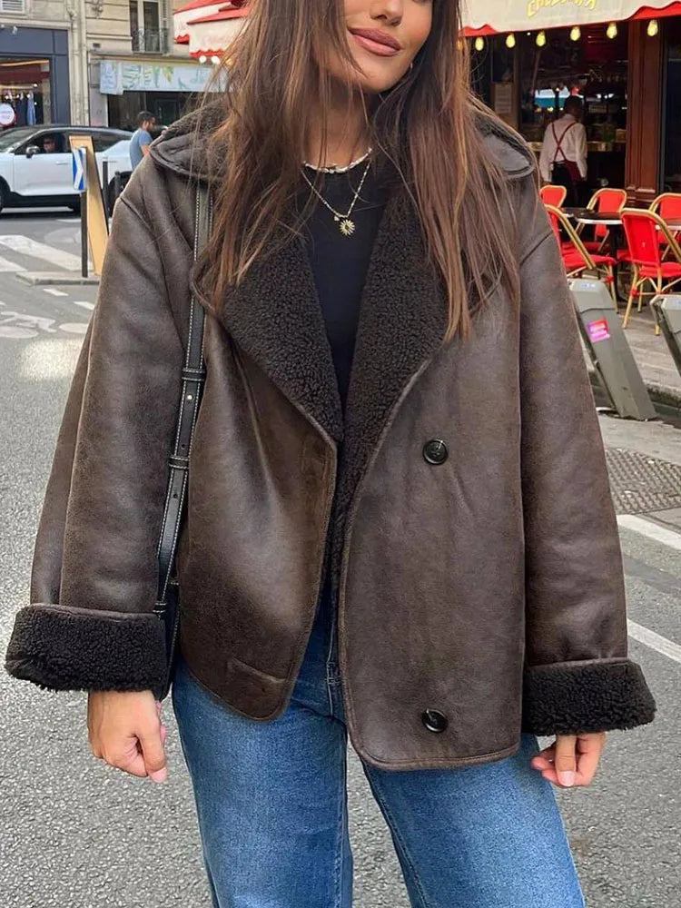 Oversized leren jas - Vintage - Winter - Fleece gevoerde Leren Jas - Damesjas-Boetiek Moda