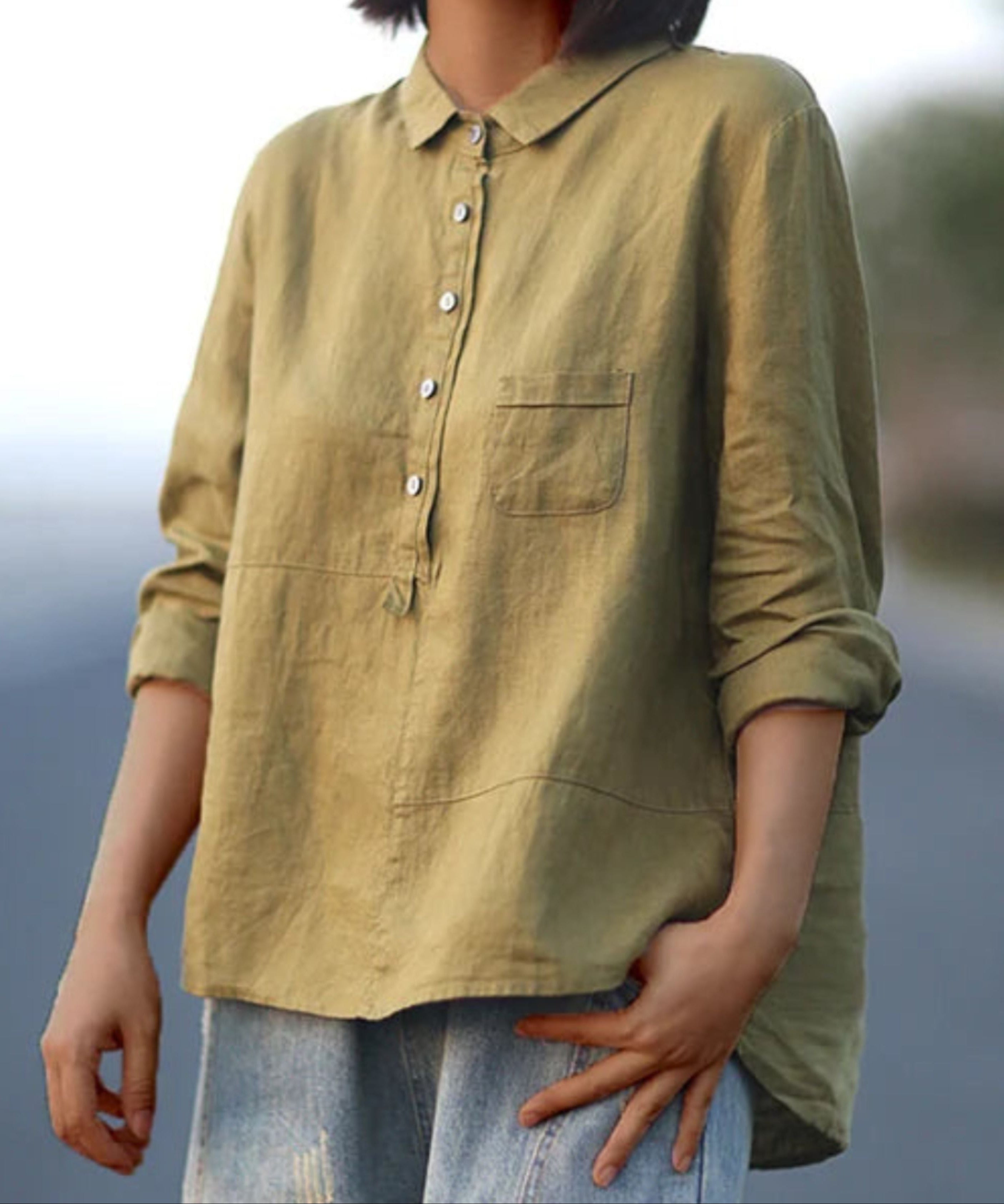 Oversized shirt - Linnen - Met kraag - Oversized blouse - Damesoverhemd-Boetiek Moda