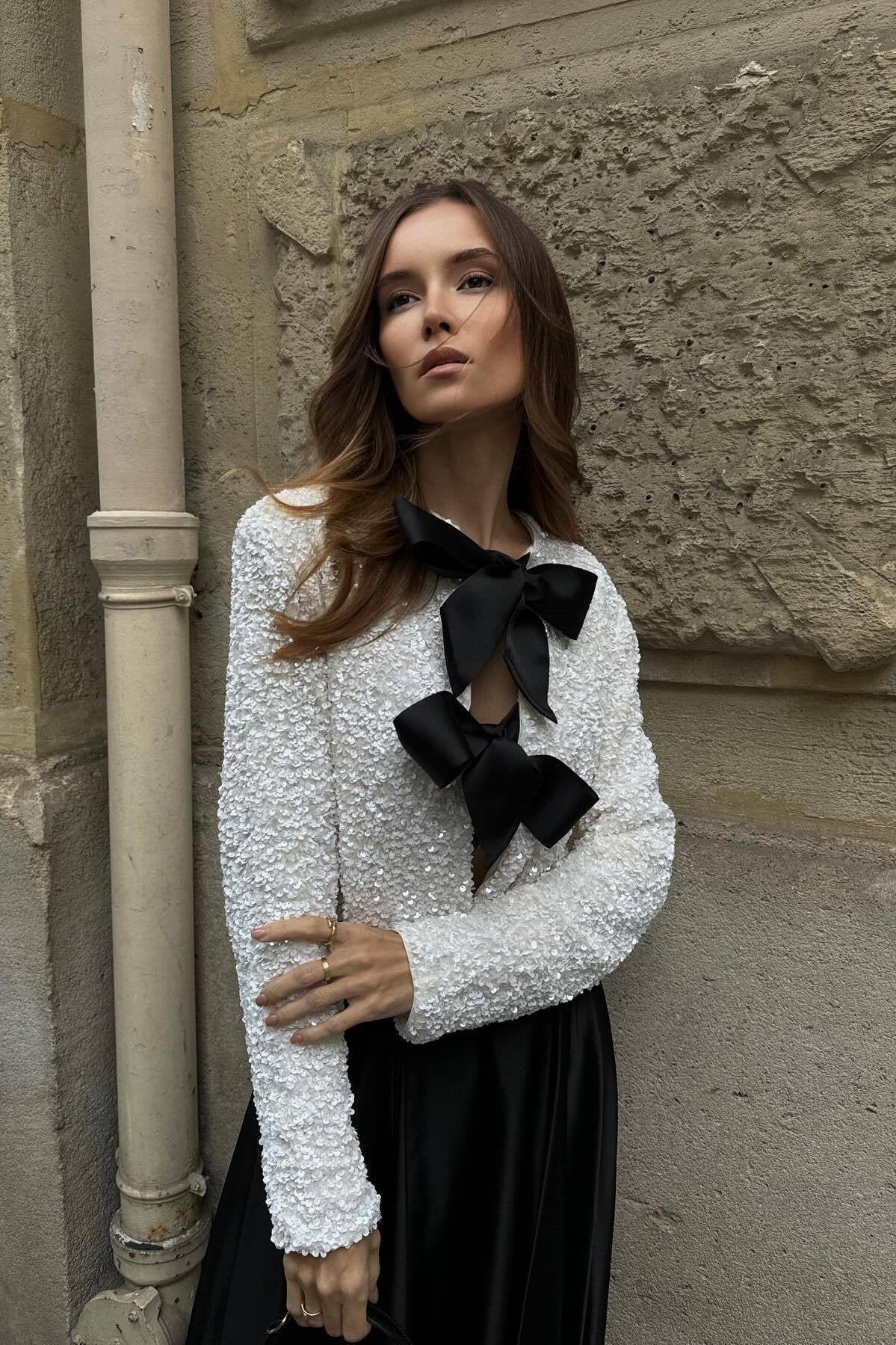Pailletten Top - Lange Mouw - Band Voorkant - Glitter Blouse - Dames Blouse-Boetiek Moda