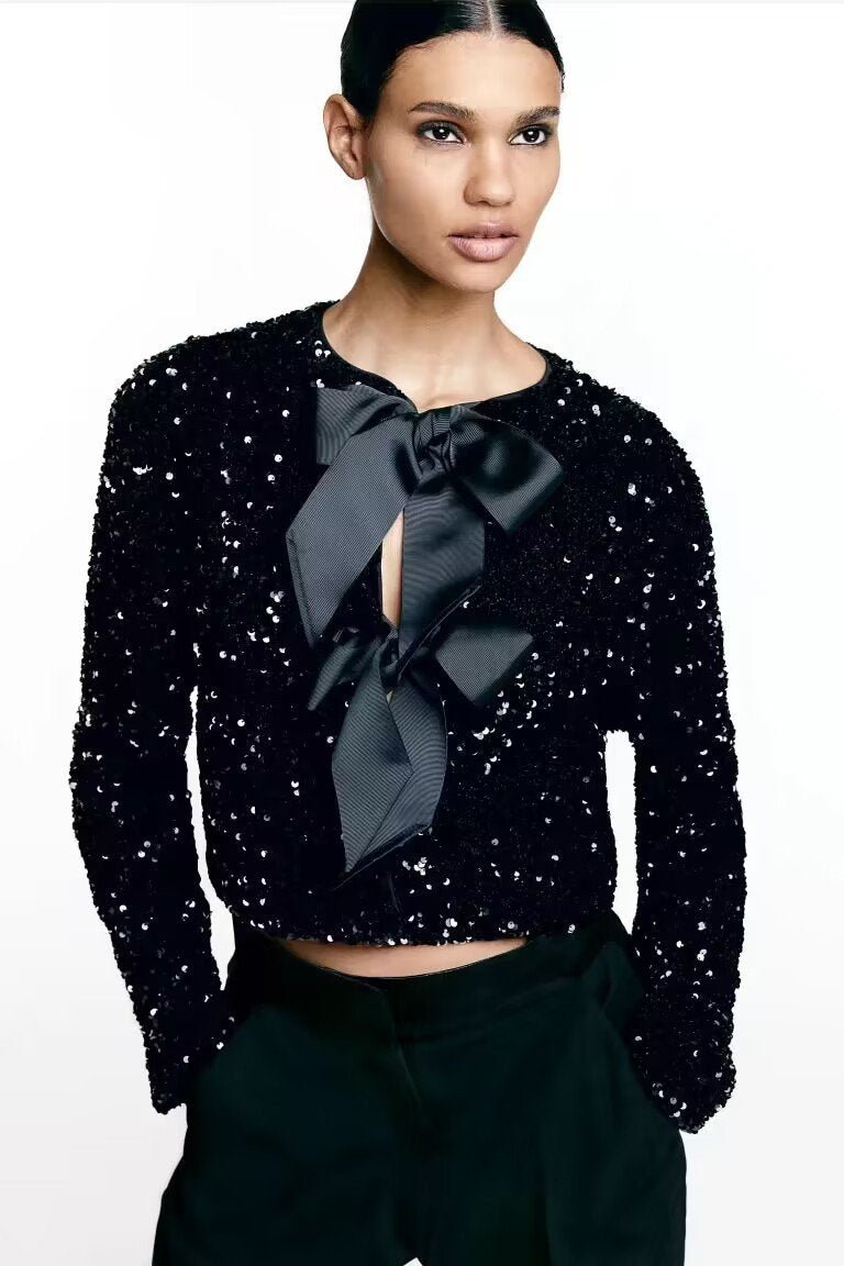 Pailletten Top - Lange Mouw - Band Voorkant - Glitter Blouse - Dames Blouse-Boetiek Moda