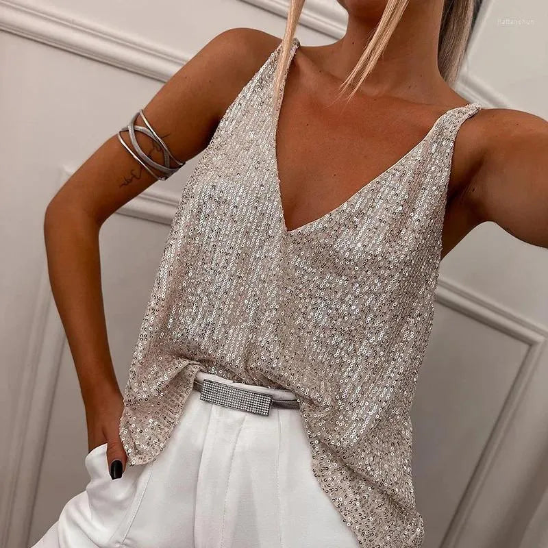 Pailletten Top | Mouwloos | V-Hals | Glitter Top | Feest Top-Boetiek Moda
