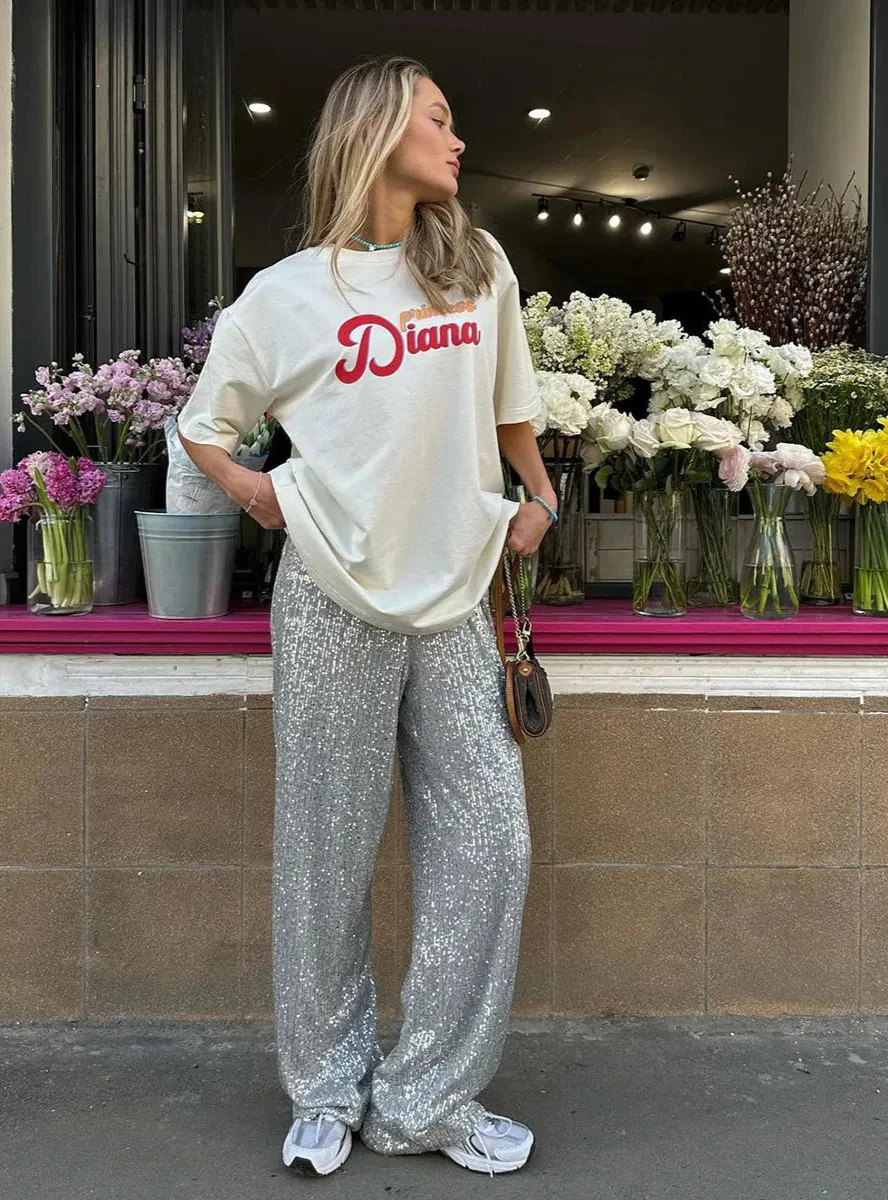 Paillettenbroek - Glitter - Brede pijpen - Damesbroek met pailletten-Boetiek Moda