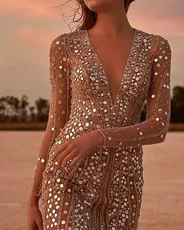 Paillettenjurk | Diepe V-hals | Mouwen van Mesh | Mini-jurk | Feestjurk-Boetiek Moda