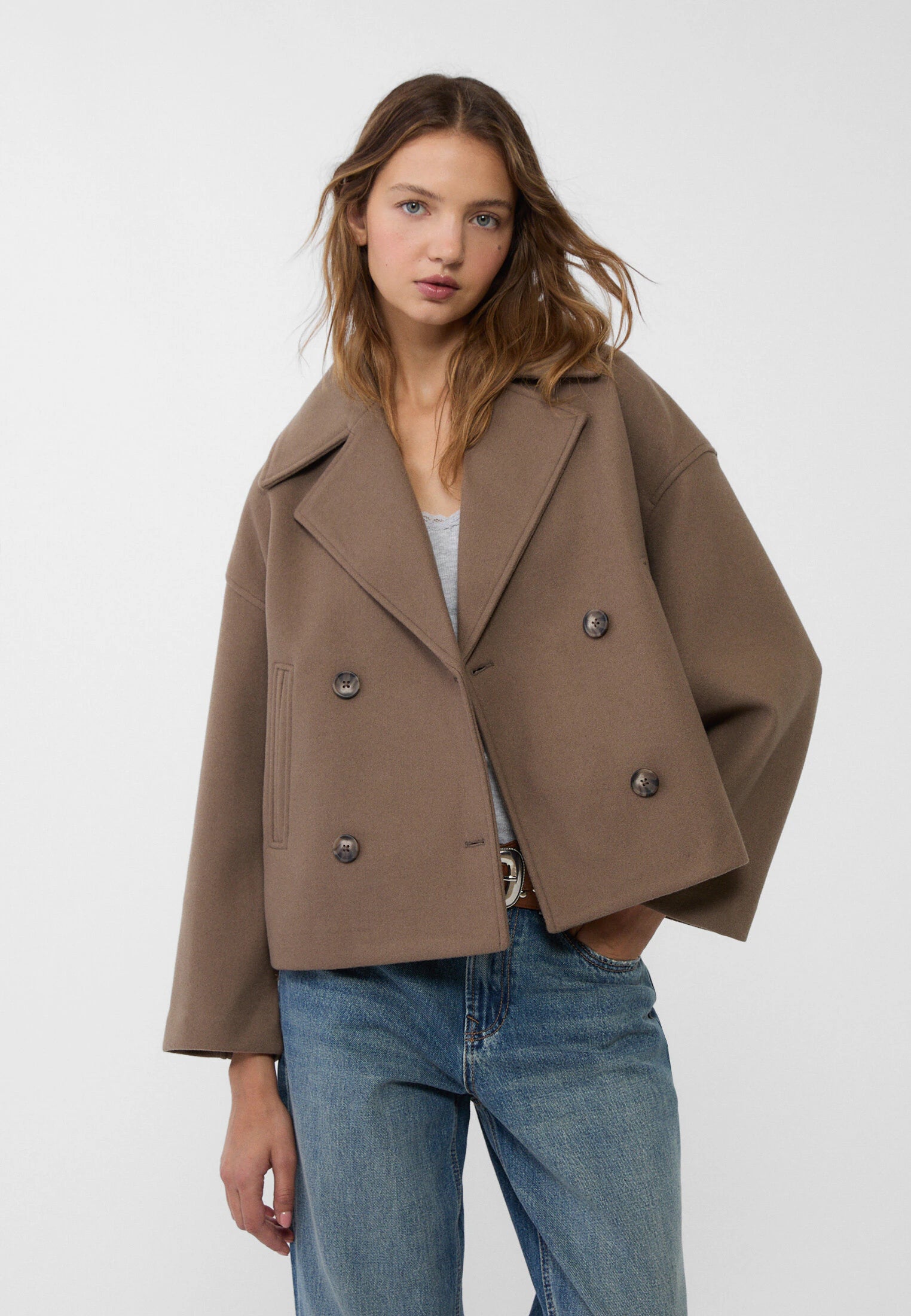 Pea Coat - Oversized kort jasje met dubbele knoopsluiting voor dames-Boetiek Moda