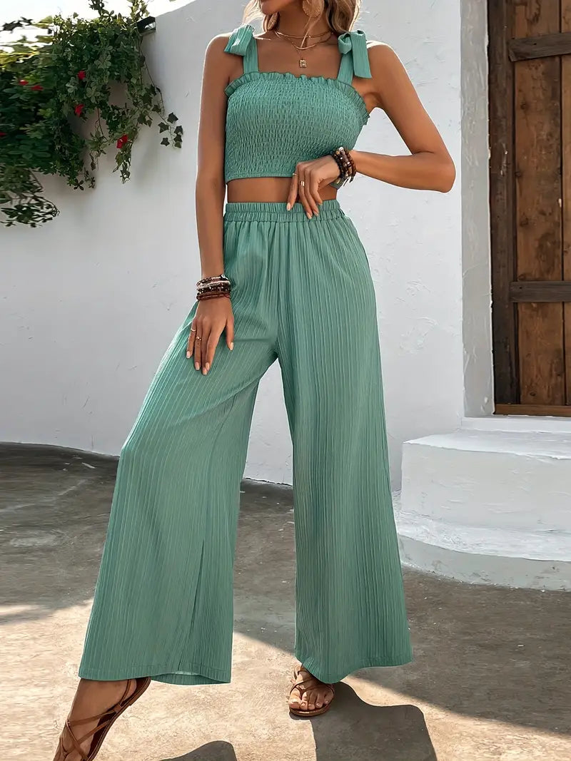 Pearl Tweedelige set | Damesoutfit met crop top en broek met wijde pijpen-Boetiek Moda