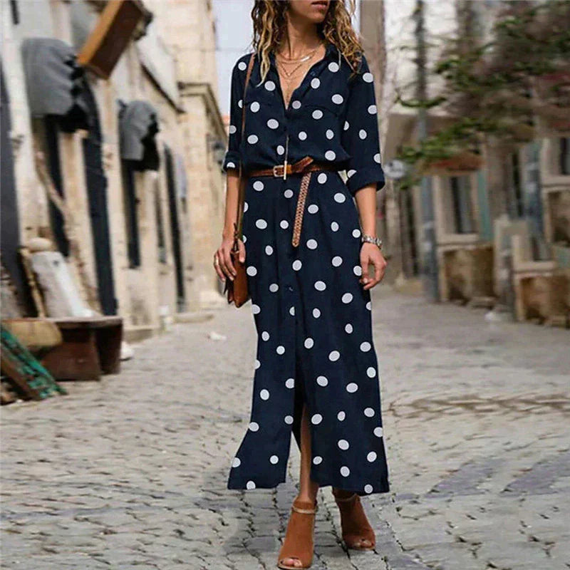 Polkadotjurk | Lange mouwen | Knoopsluiting | Maxi-overhemdjurk | Maxi-zomerjurk-Boetiek Moda