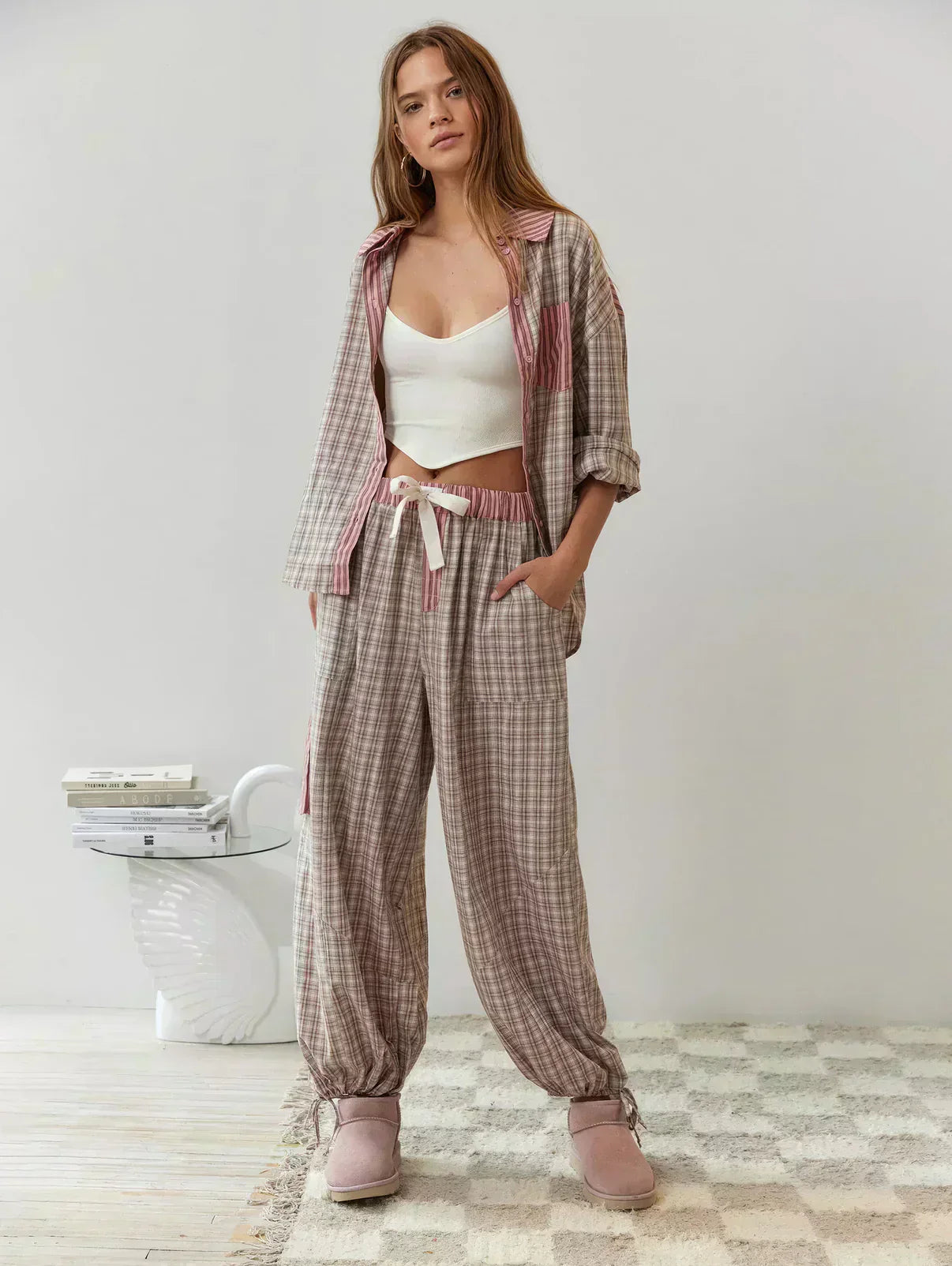 Pyjamaset - Ruime pyjama met lange mouwen en ruitjesmotief voor dames-Boetiek Moda