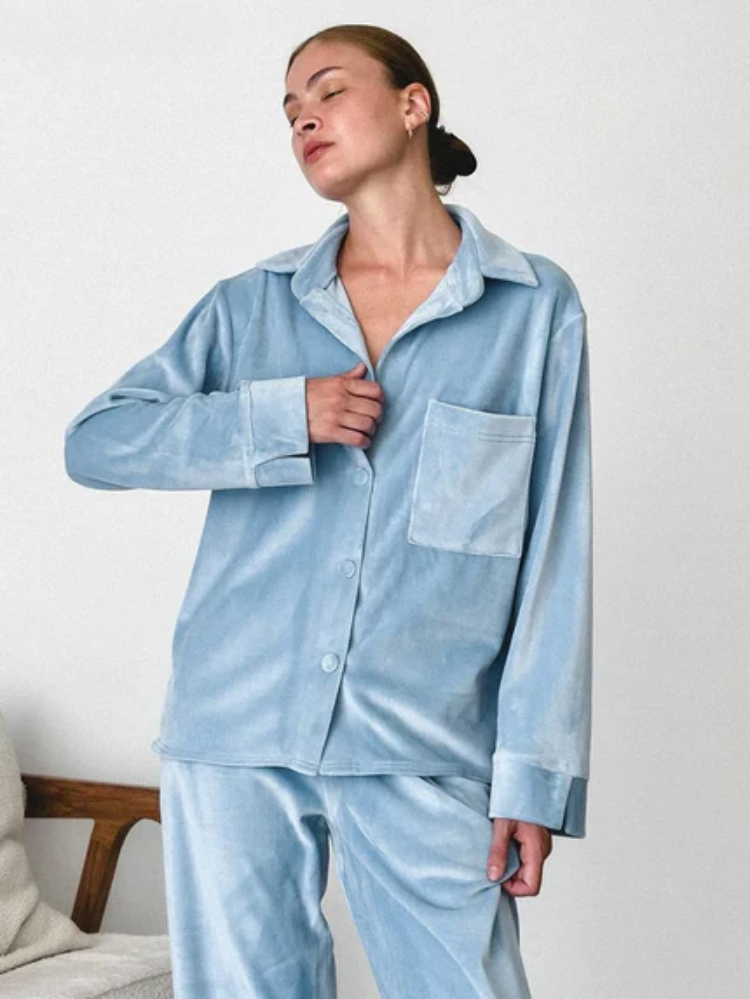 Pyjamaset - Warme blauwe fleece pyjama met lange mouwen voor dames-Boetiek Moda