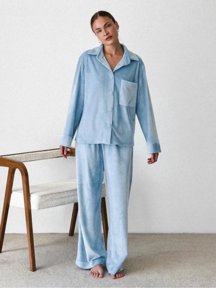 Pyjamaset - Warme blauwe fleece pyjama met lange mouwen voor dames-Boetiek Moda