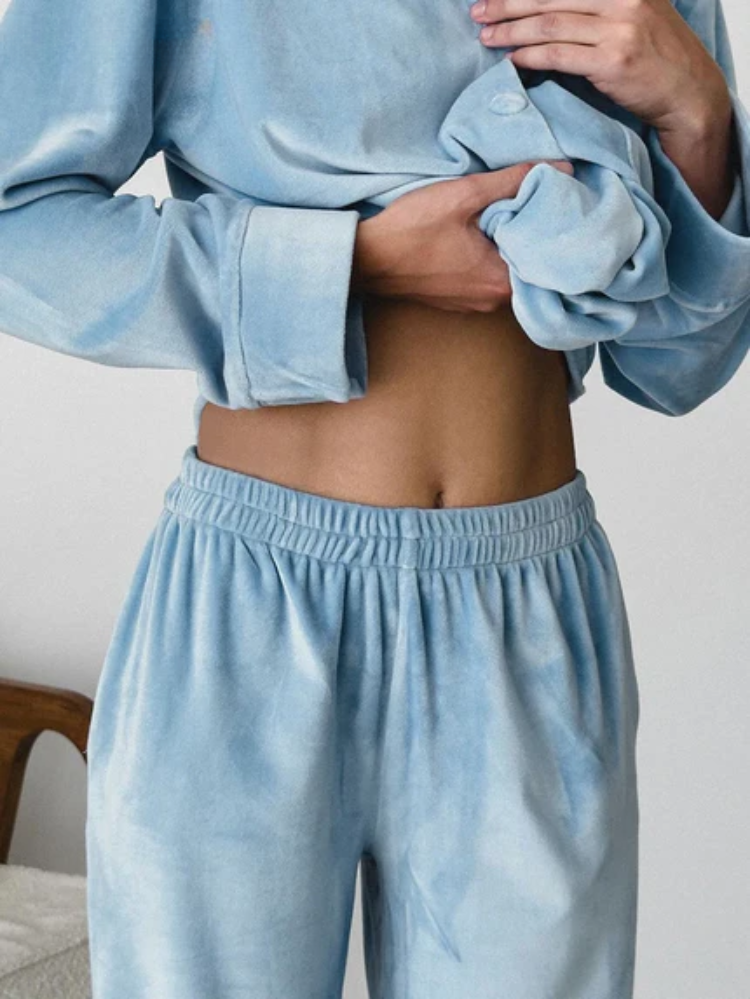 Pyjamaset - Warme blauwe fleece pyjama met lange mouwen voor dames-Boetiek Moda