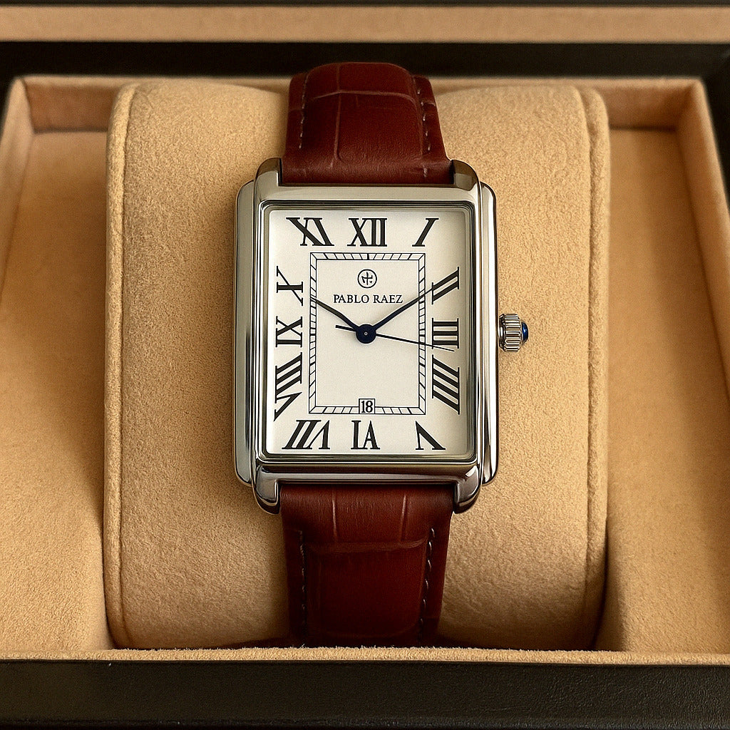 Rechthoekig horloge - Analoge herenhorloge met leren band-Boetiek Moda