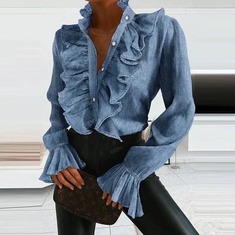 Ruchesblouse | Lange mouwen | Knoopsluiting | V-halsblouse | Chiffonblouse-Boetiek Moda