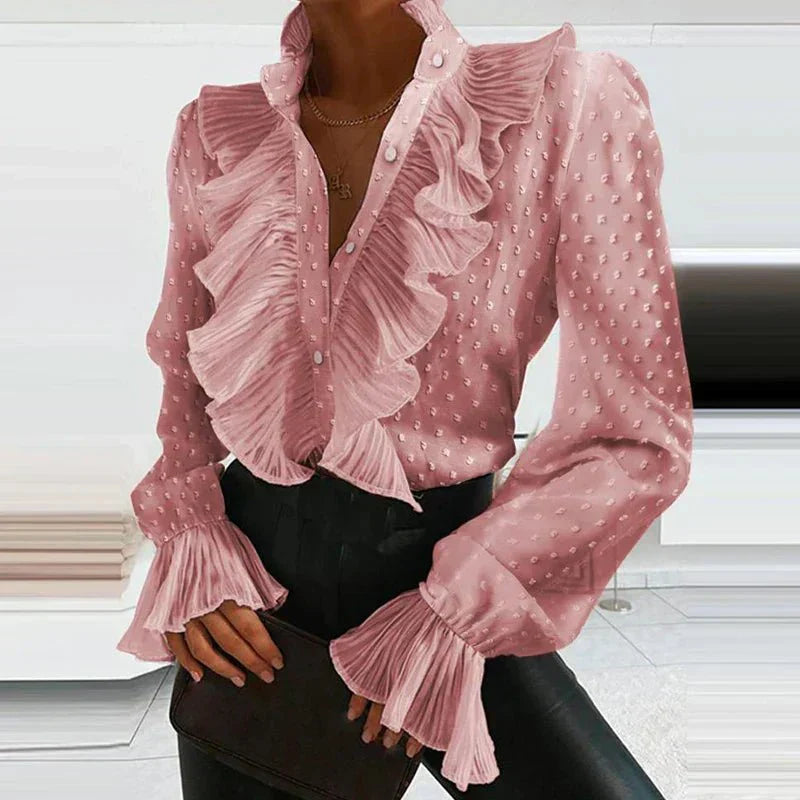 Ruchesblouse | Lange mouwen | Knoopsluiting | V-halsblouse | Chiffonblouse-Boetiek Moda