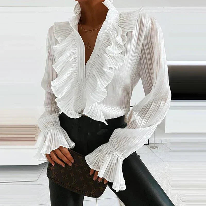 Ruchesblouse | Lange mouwen | Knoopsluiting | V-halsblouse | Chiffonblouse-Boetiek Moda