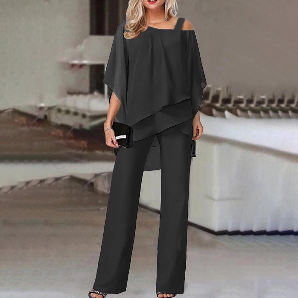 Samengestelde set - Chiffon blouse en broek met rechte pijpen voor dames-Boetiek Moda