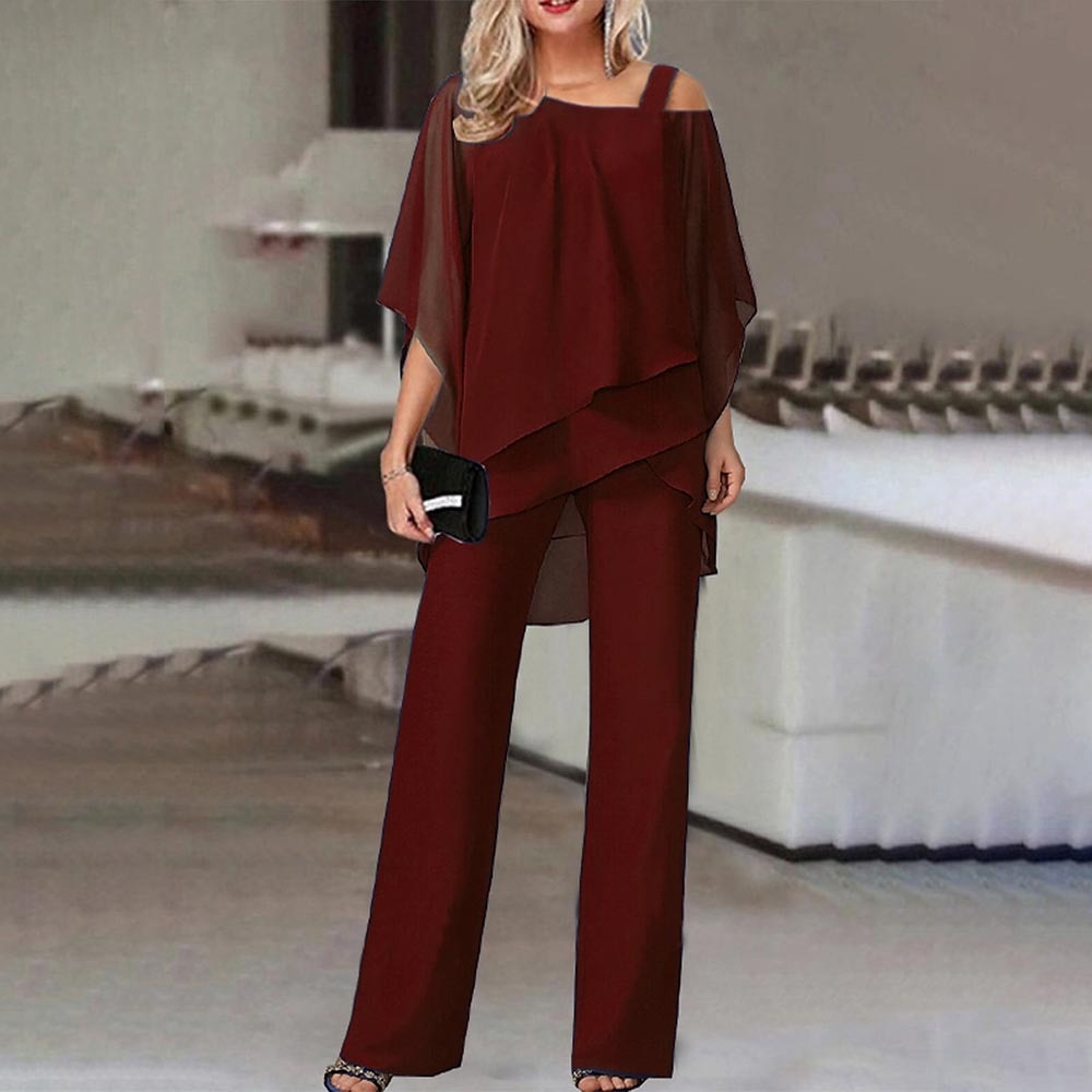 Samengestelde set - Chiffon blouse en broek met rechte pijpen voor dames-Boetiek Moda