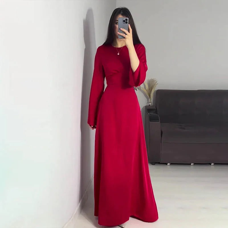 Satijnen Jurk - Elegant - Klokmouwen - Jurk met lange mouwen - Maxi satijnen jurk-Boetiek Moda